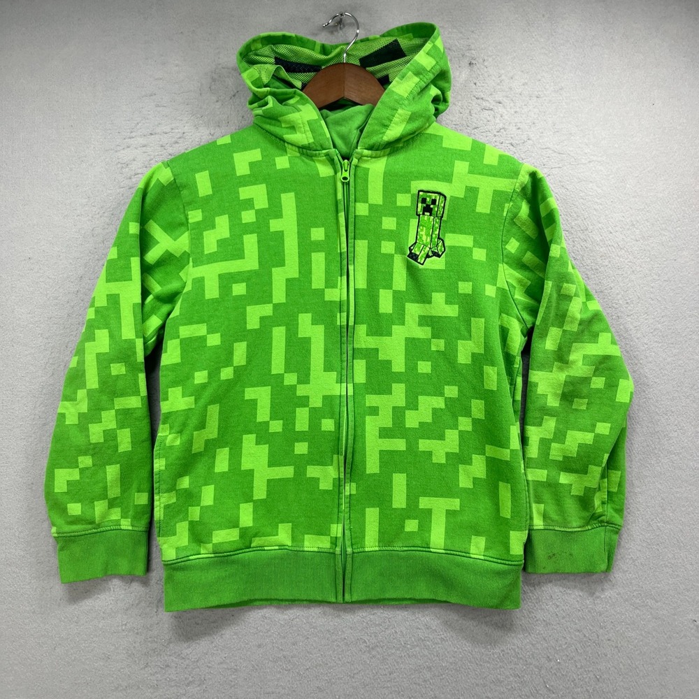 Minecraft Zip Up Hoodie Boys XL Green Creeper Pixel Pattern Gaming Casual Gamer